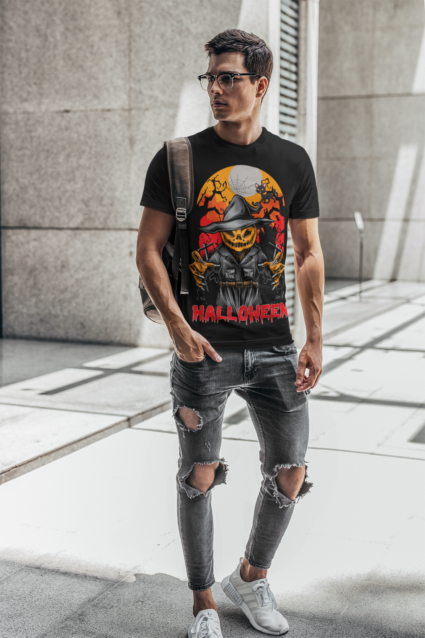 Pumpkin Scarecrow Halloween Black T-Shirt