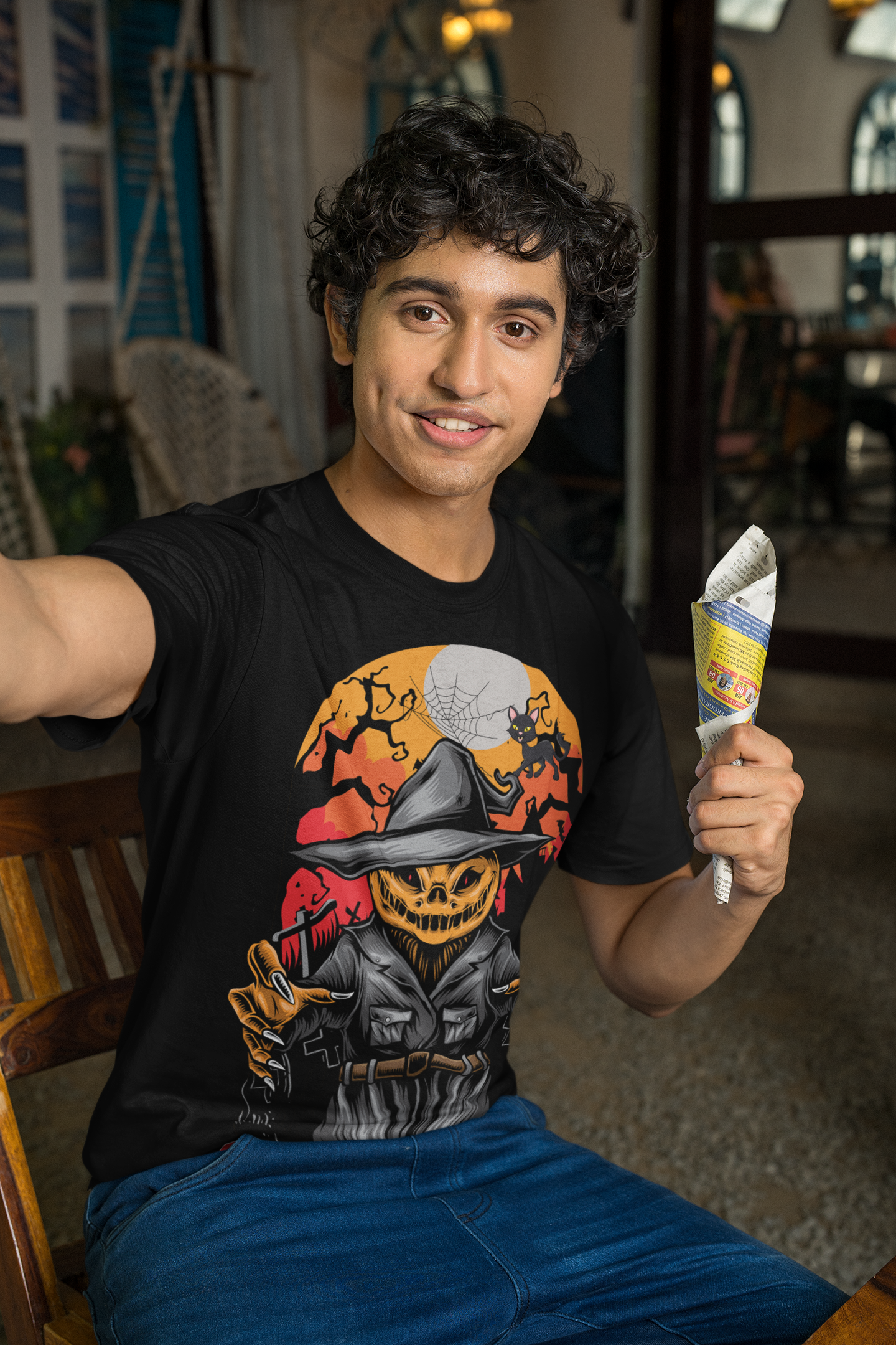 Pumpkin Scarecrow Halloween Black T-Shirt