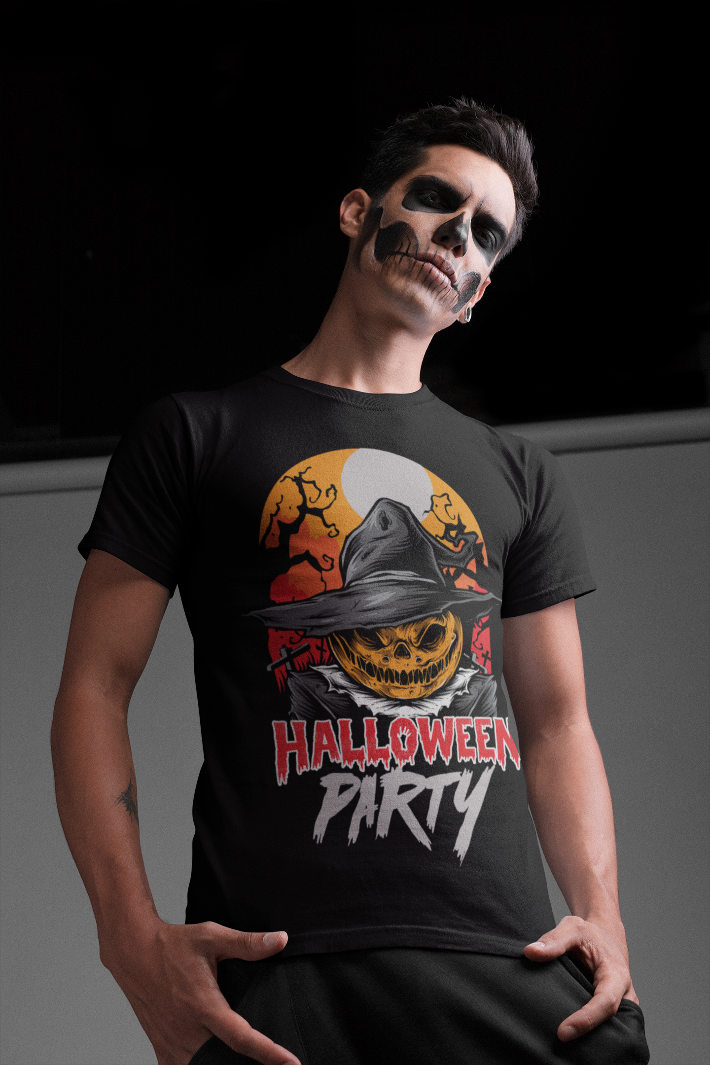 Black Pumpkin Scarecrow Halloween Party T-Shirt