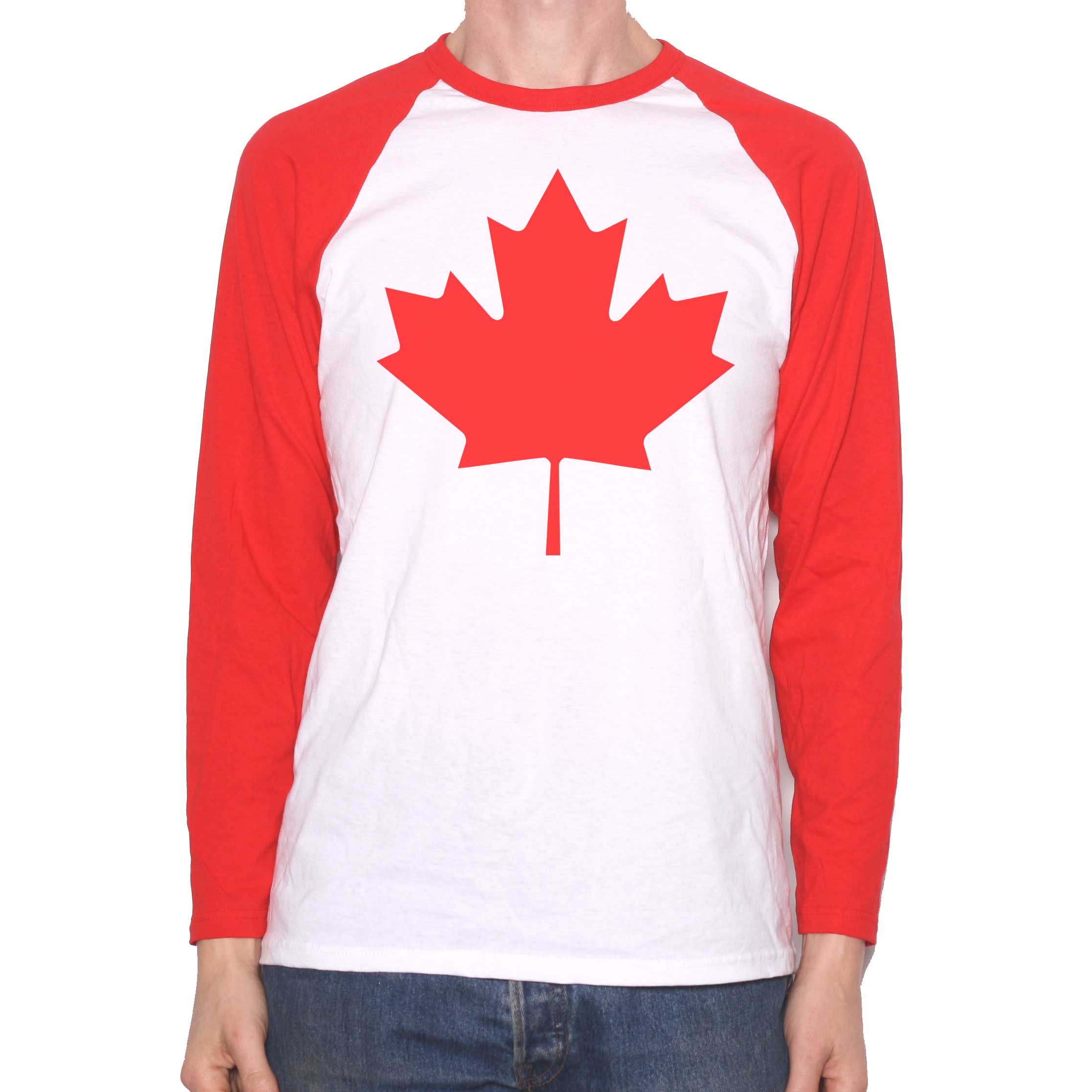 Canadian Flag T Shirt - Long Sleeve Red Baseball Style Canada Maple Leaf