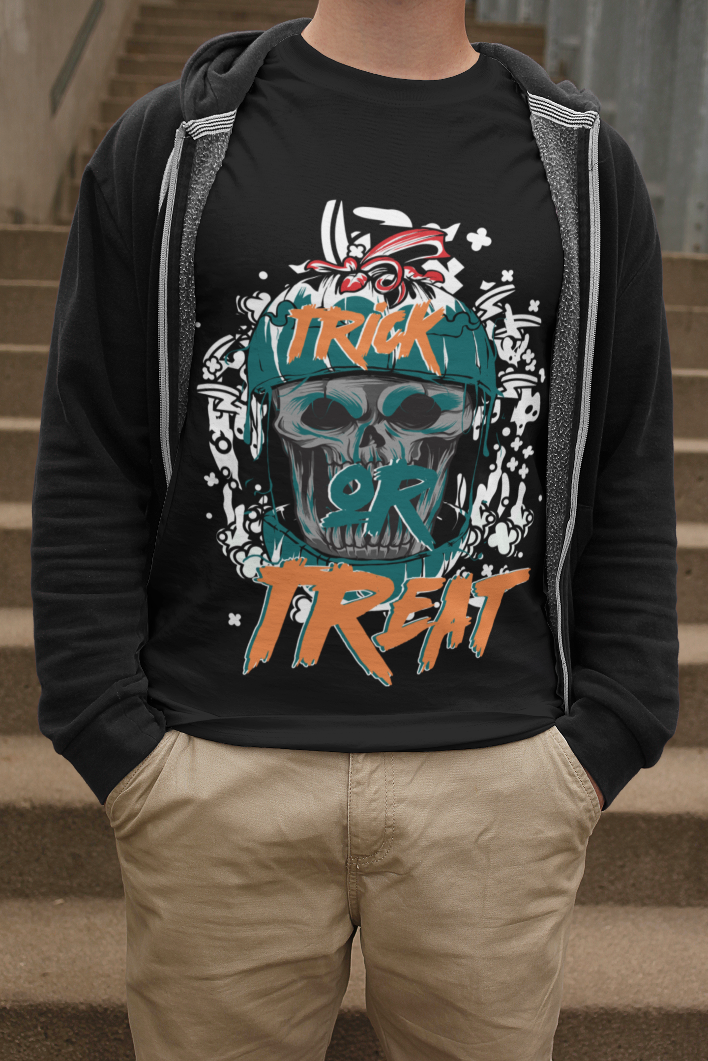 Skull Trick or Treat Black Halloween T-Shirt