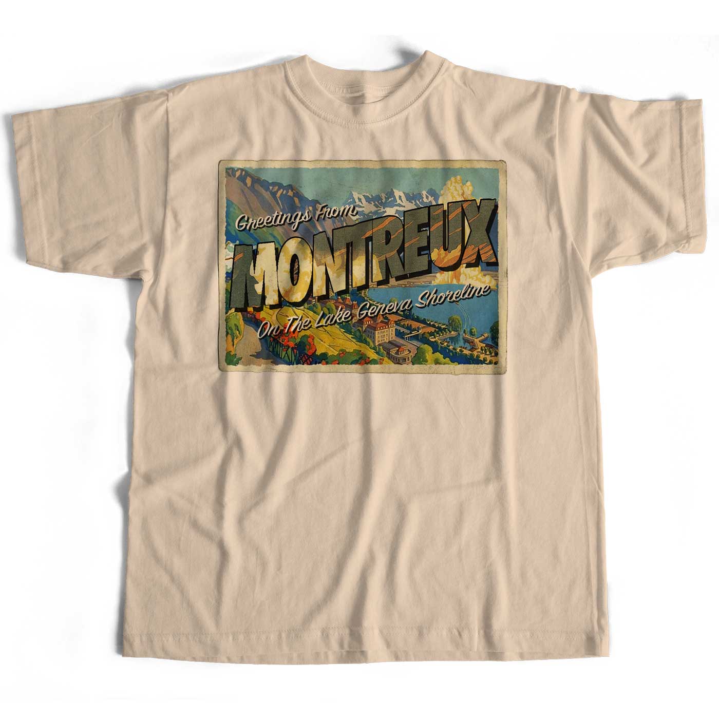 Greetings From Montreux T Shirt - On The Lake Geneva Shoreline An Old Skool Hooligans Rock Postcard