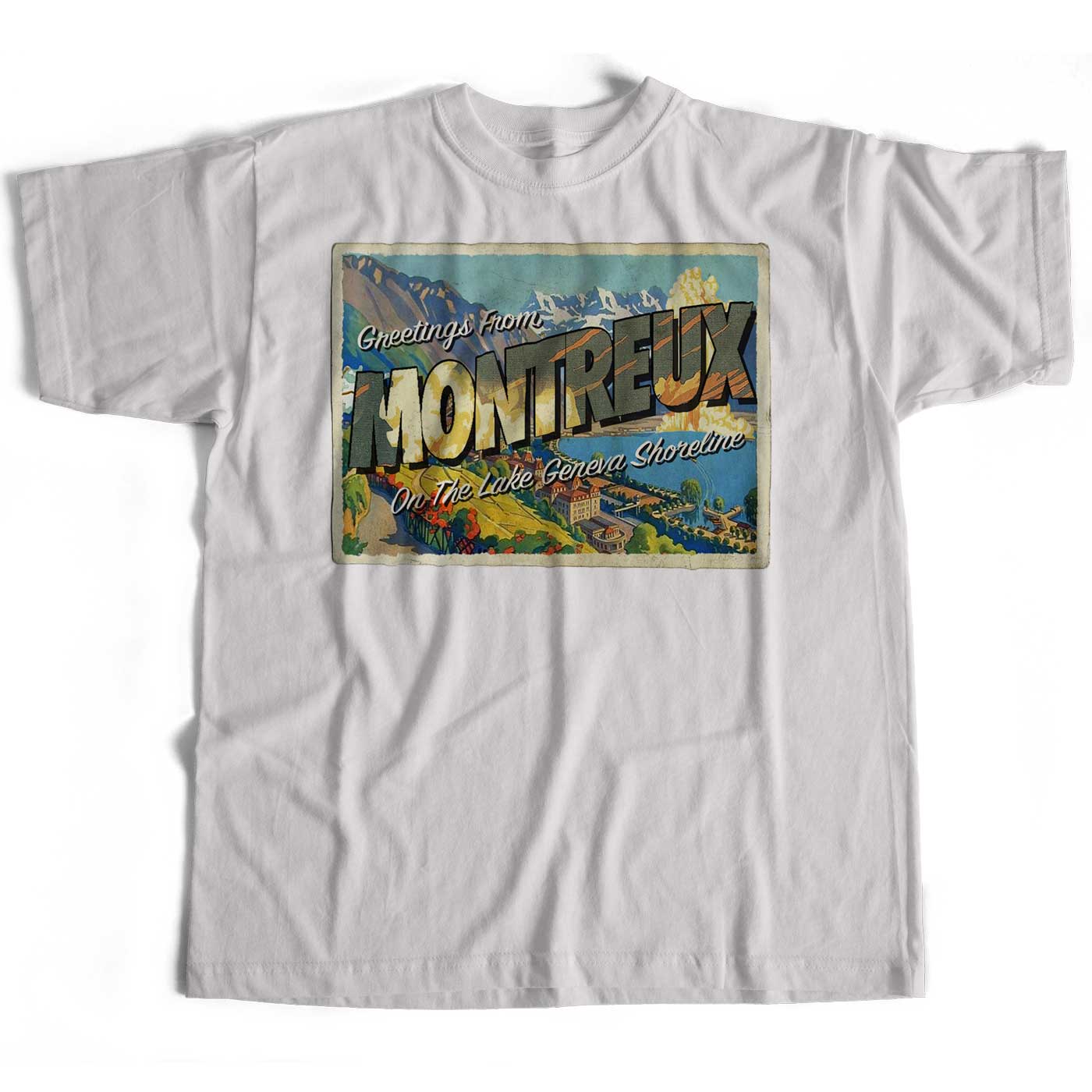 Greetings From Montreux T Shirt - On The Lake Geneva Shoreline An Old Skool Hooligans Rock Postcard